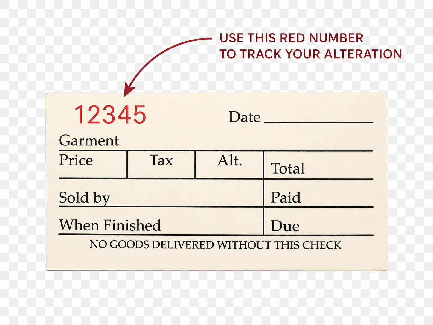 Sample alteration ticket with the red number 12345 at the top left.